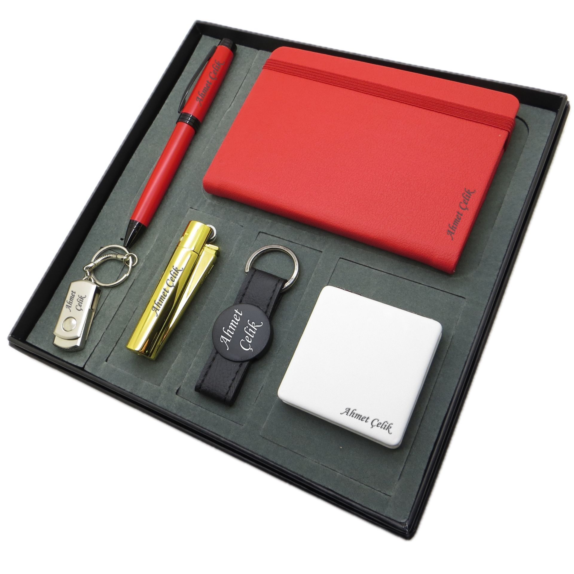 Signator® Fragum | İsme Özel Set - 32 Gb. Usb Bellek + Çakmak + Not defteri  + Anahtarlık + Kalem ve El Aynası | Kişiye Özel Hediyelik Set