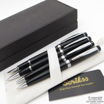 Scrikss 38 4'lü Set Siyah Krom | Dolma Kalem + Roller Kalem + Tükenmez Kalem + Versatil Kalem Seti | Scrikss Honour | İsme Özel Kalem | Hediye Kalem