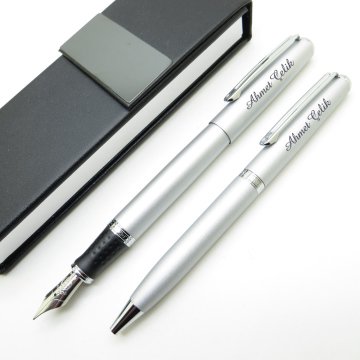 InoxCrom Wall Street Silver Titanium Dolma Kalem + Tükenmez Kalem Seti | İsme Özel
