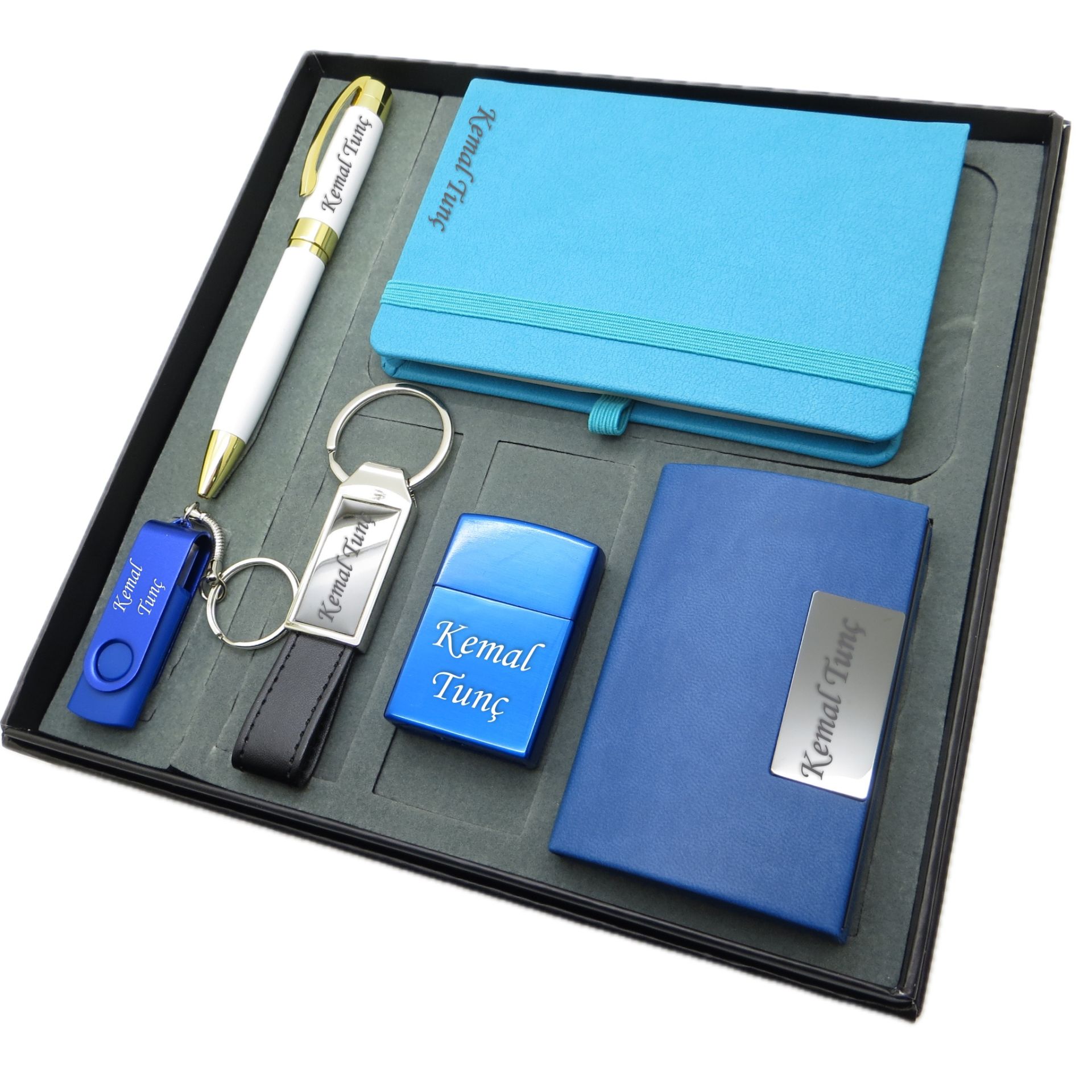 Signator® Aqua | İsme Özel Set - 32 Gb. Usb Bellek + Çakmak + Not Defteri  + Anahtarlık + Kalem ve Kartvizitlik | Kişiye Özel Hediyelik Set