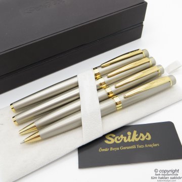 Scrikss 38 4'lü Set Saten Altın Deri Ahşap Kutulu | Dolma Kalem + Roller Kalem + Tükenmez Kalem + Versatil Kalem Seti | Scrikss Honour | İsme Özel Kalem | Hediye Kalem