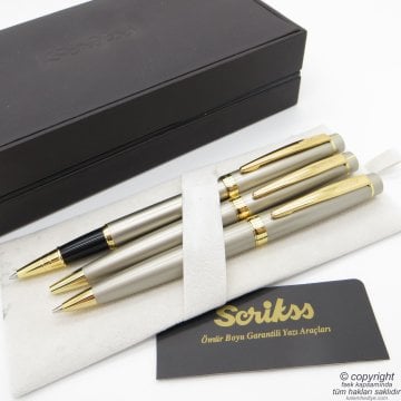 Scrikss 38 3'lü Set Saten Altın Ahşap Deri Kutulu | Roller Kalem + Tükenmez Kalem + Versatil Kalem Seti | Scrikss Honour | İsme Özel Kalem | Hediyelik Kalem