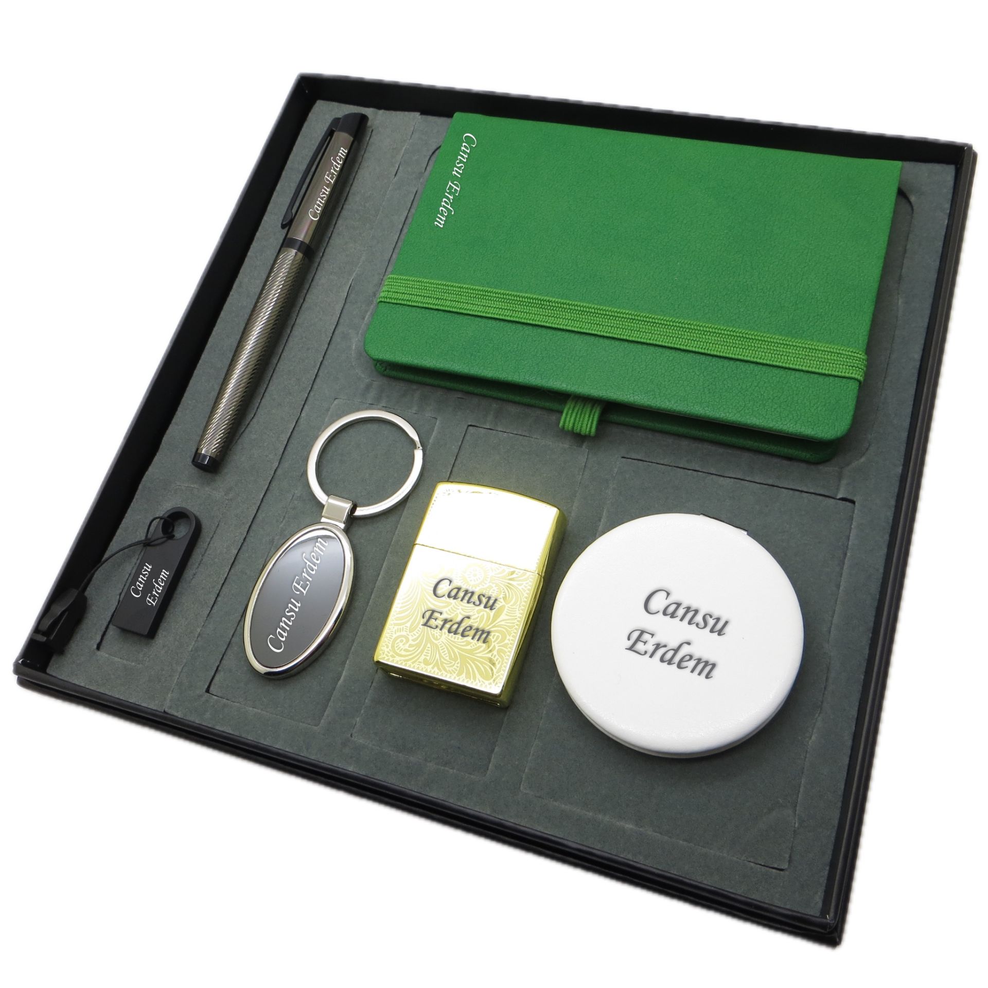Signator® Forest | İsme Özel Set - 32 Gb. Usb Bellek + Çakmak + Not Defteri  + Anahtarlık + Kalem ve El Aynası | Kişiye Özel Hediyelik Set