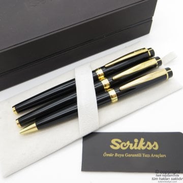 Scrikss 38 Siyah Altın 3'lü Set Deri Ahşap Kutulu Dolma Kalem + Roller Kalem + Tükenmez Kalem Seti | Scrikss Honour | İsme Özel Kalem | Hediyelik Kalem