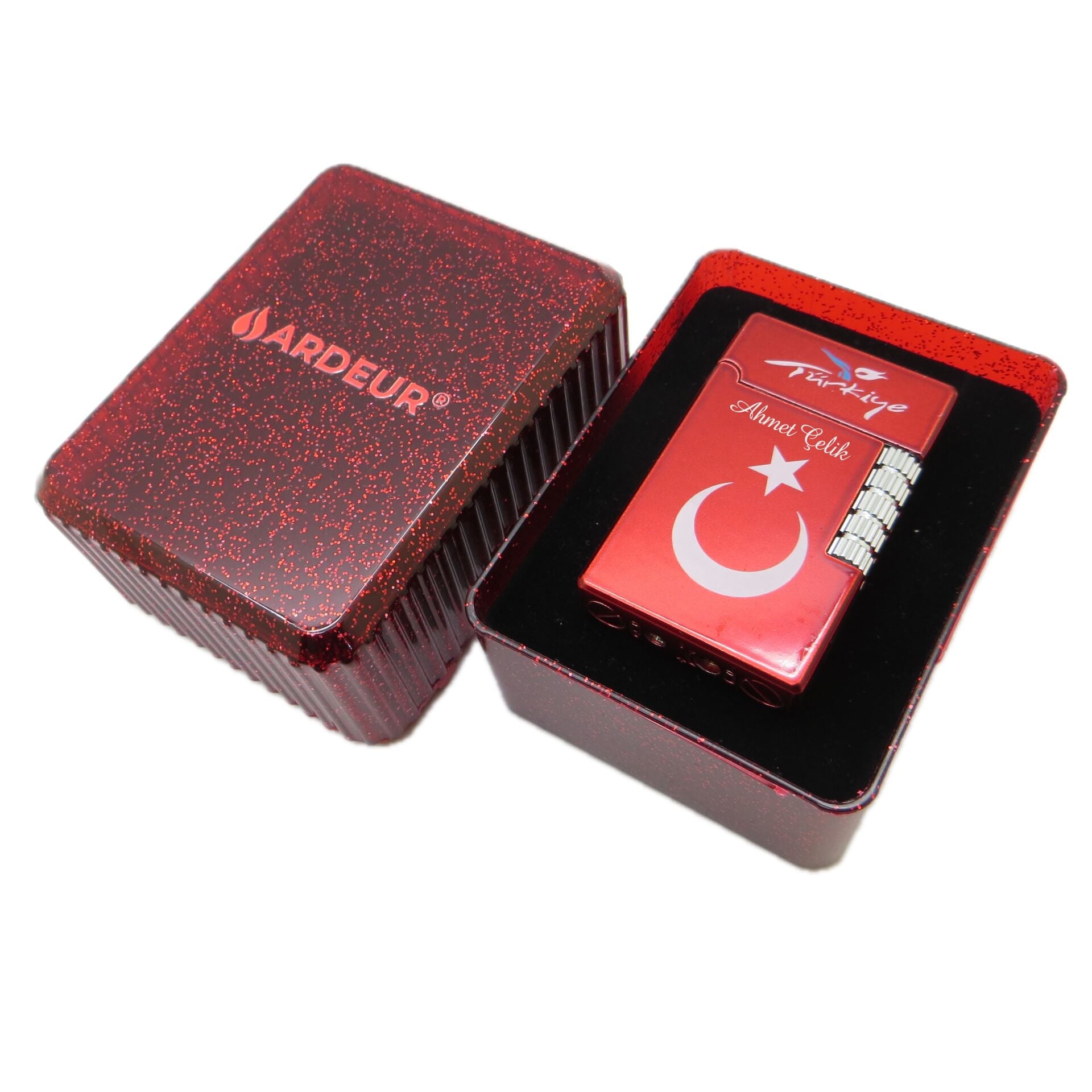 Ardeur® Legacy Ay Yıldız Kabartmalı Kırmızı Beyaz İsme Özel Çakmak | Hediyelik Çakmak