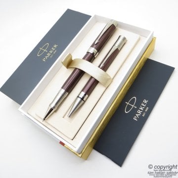 Parker Duofold Prestij Bordo Chevron Roller Kalem + Tükenmez Kalem Set | Parker Kalem | İsme Özel Kalem | Hediyelik Kalem