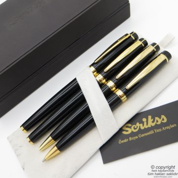 Scrikss 38 4'lü Set Siyah Altın Deri Ahşap Kutulu | Dolma Kalem + Roller Kalem + Tükenmez Kalem + Versatil Kalem Seti | Scrikss Honour | İsme Özel Kalem | Hediyelik Kalem