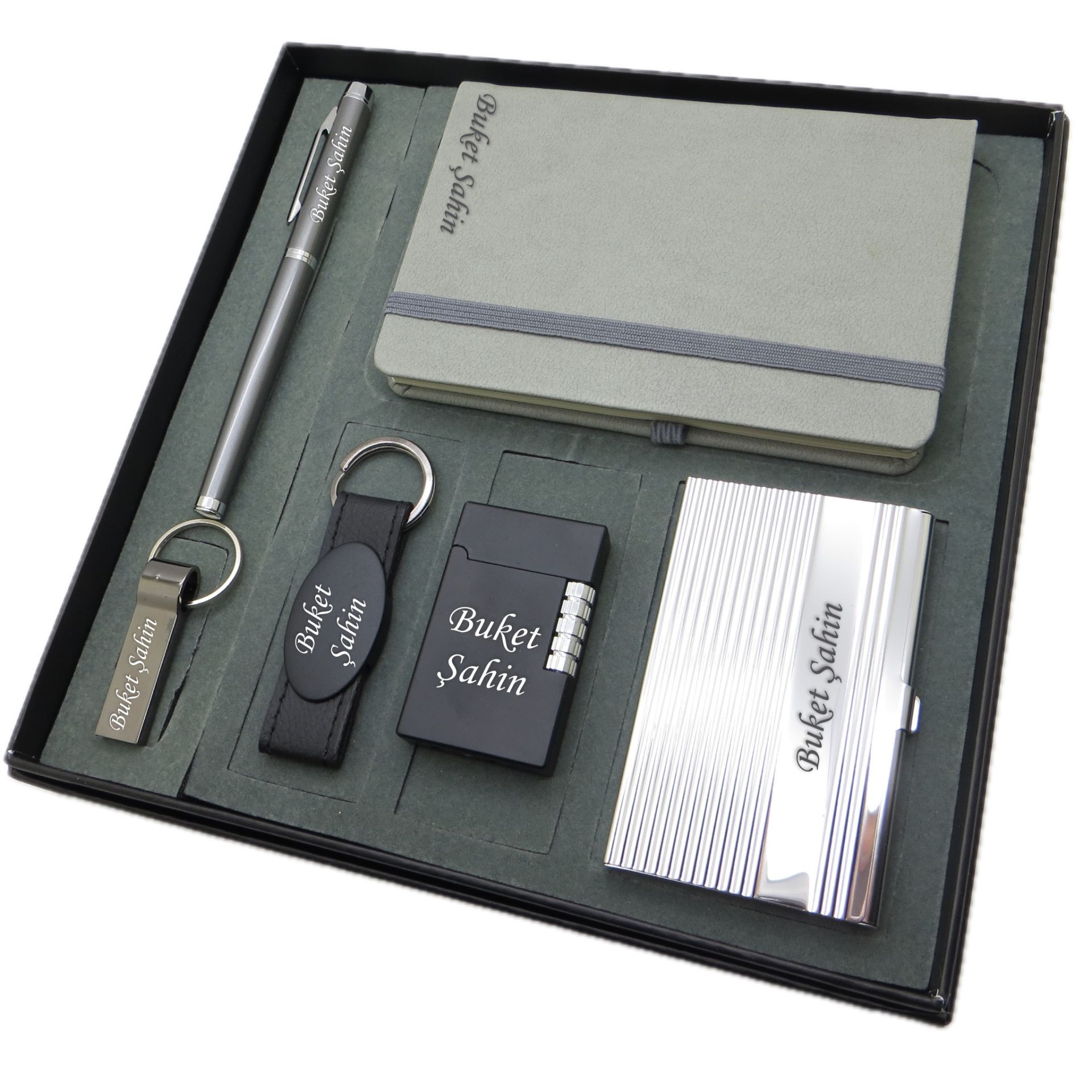 Signator® Ars | İsme Özel Set - 128 Gb. Usb Bellek + Çakmak + Not Defteri  + Anahtarlık + Kalem ve Kartvizitlik | Kişiye Özel Hediyelik Set