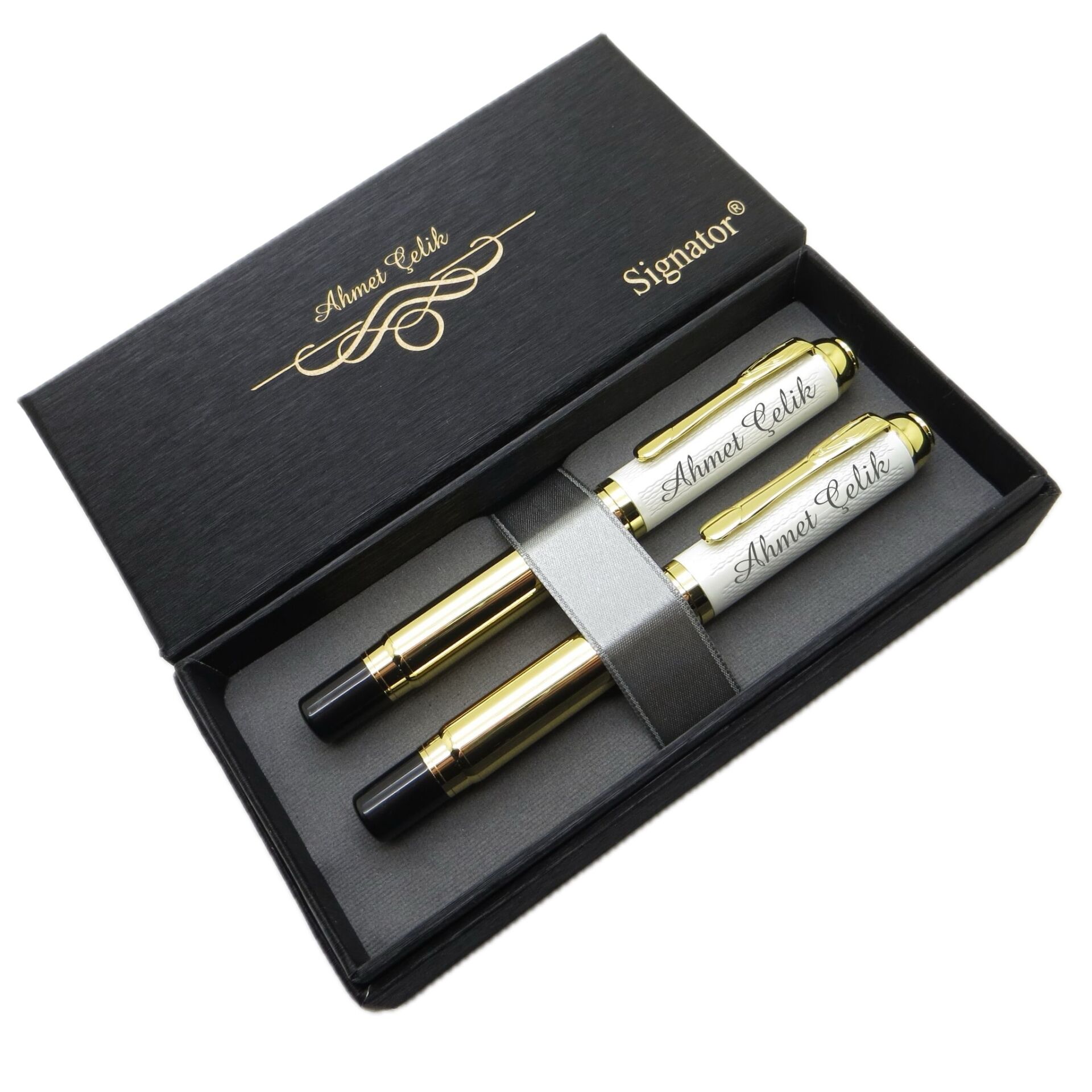 Signator® ST218 Beyaz Gold Kalem Seti - Dolma Kalem + Roller Kalem | İsme Özel Kalem