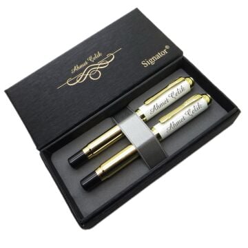 Signator® ST218 Beyaz Gold Kalem Seti - Dolma Kalem + Roller Kalem | İsme Özel Kalem