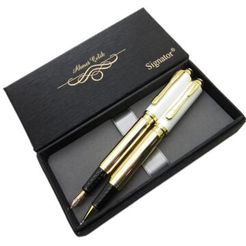 Signator® ST218 Beyaz Gold Kalem Seti - Dolma Kalem + Roller Kalem | İsme Özel Kalem
