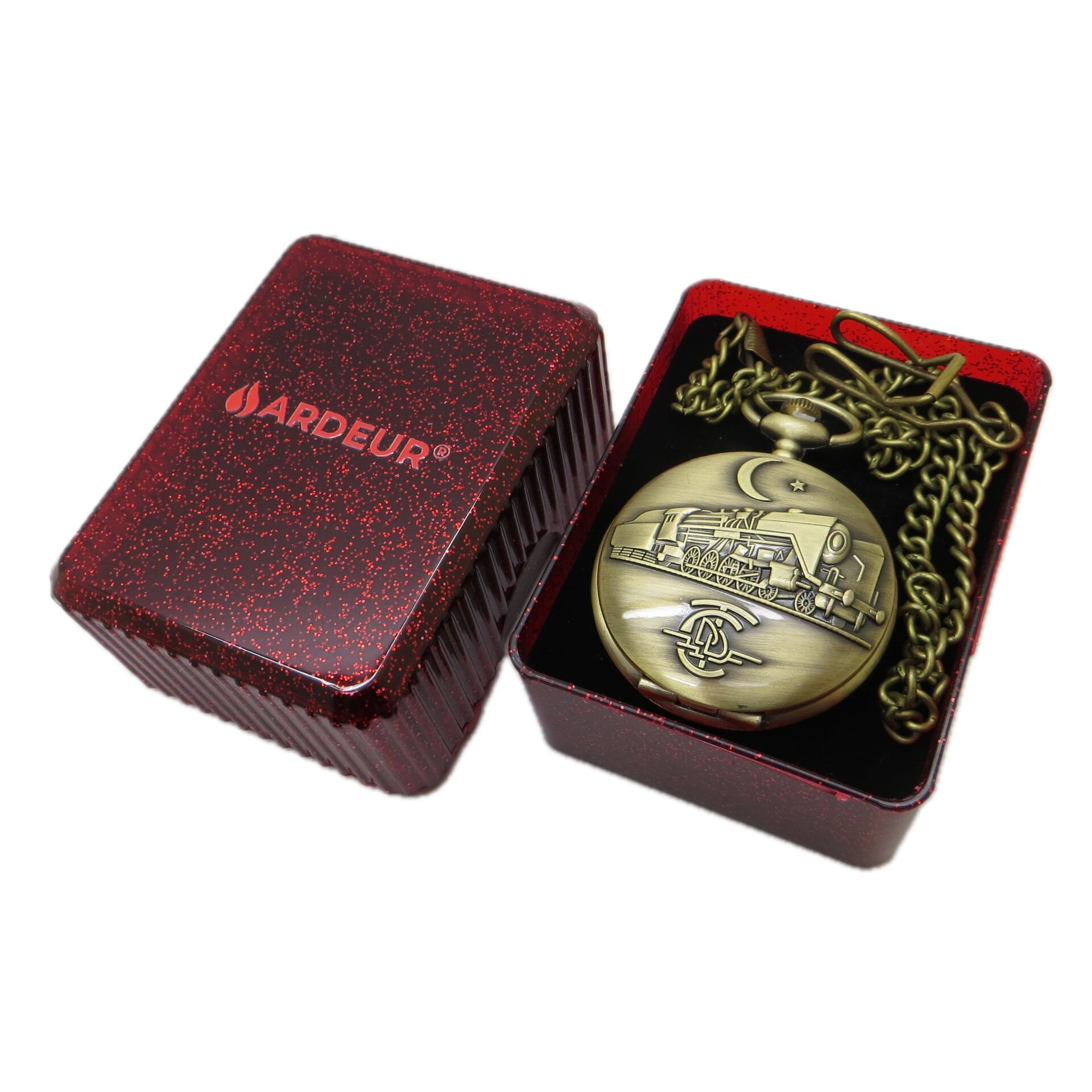 Ardeur® Vintage Ay Yıldız ve Tren Kabartmalı Desen İşlemeli Pirinç İsme Özel Lüks Cep Saati | Köstekli Saat