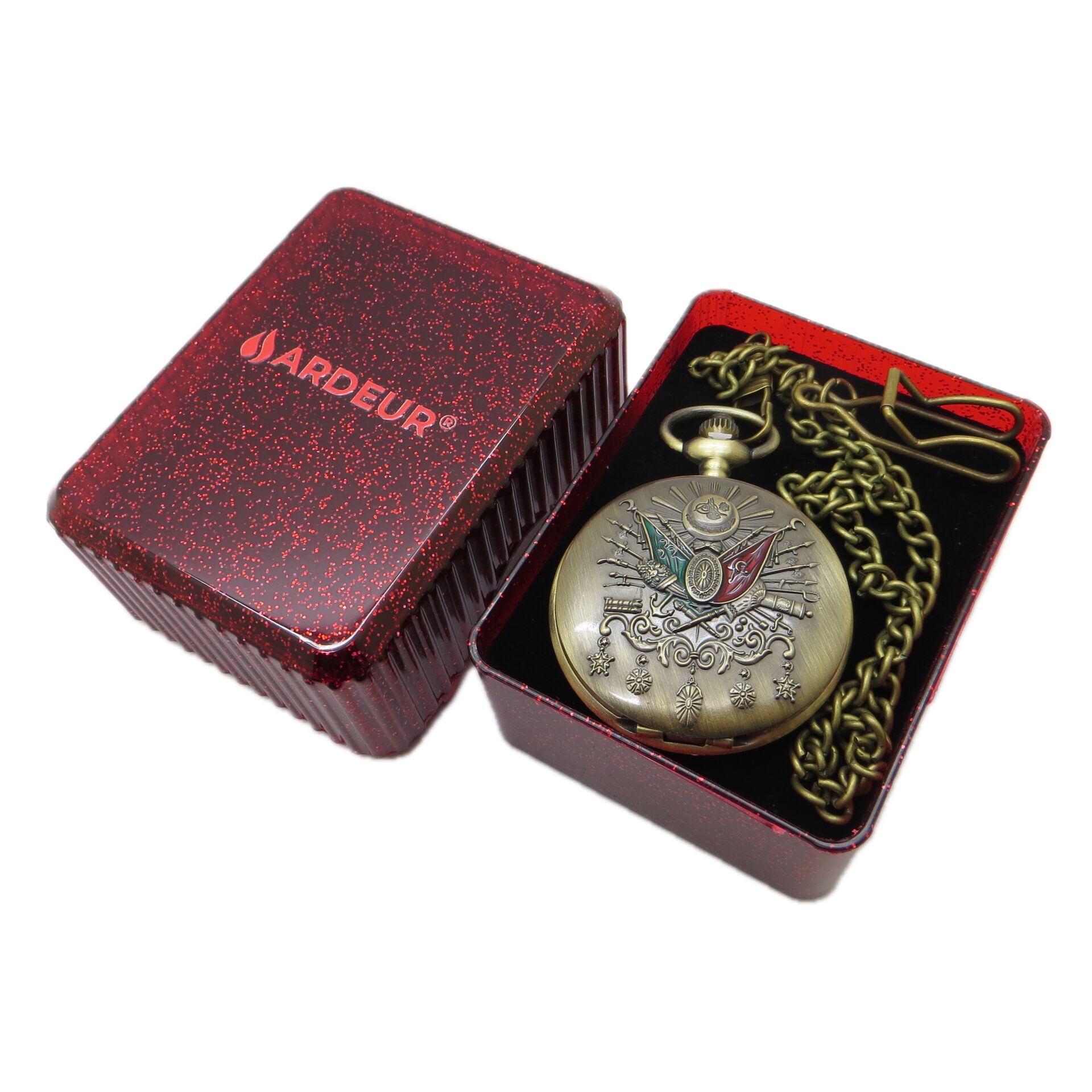 Ardeur® Vintage Osmanlı Arması Kabartmalı Desen İşlemeli Pirinç İsme Özel Lüks Cep Saati | Köstekli Saat
