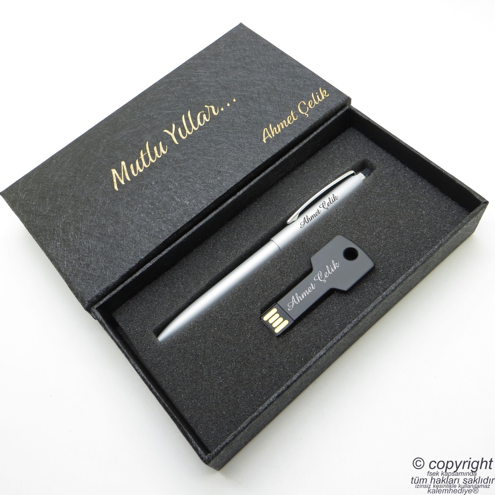 Scrikss İsme Özel Kalem + 16GB. İsme Özel Mat Siyah Anahtar Usb Bellek Seti Touch Silver