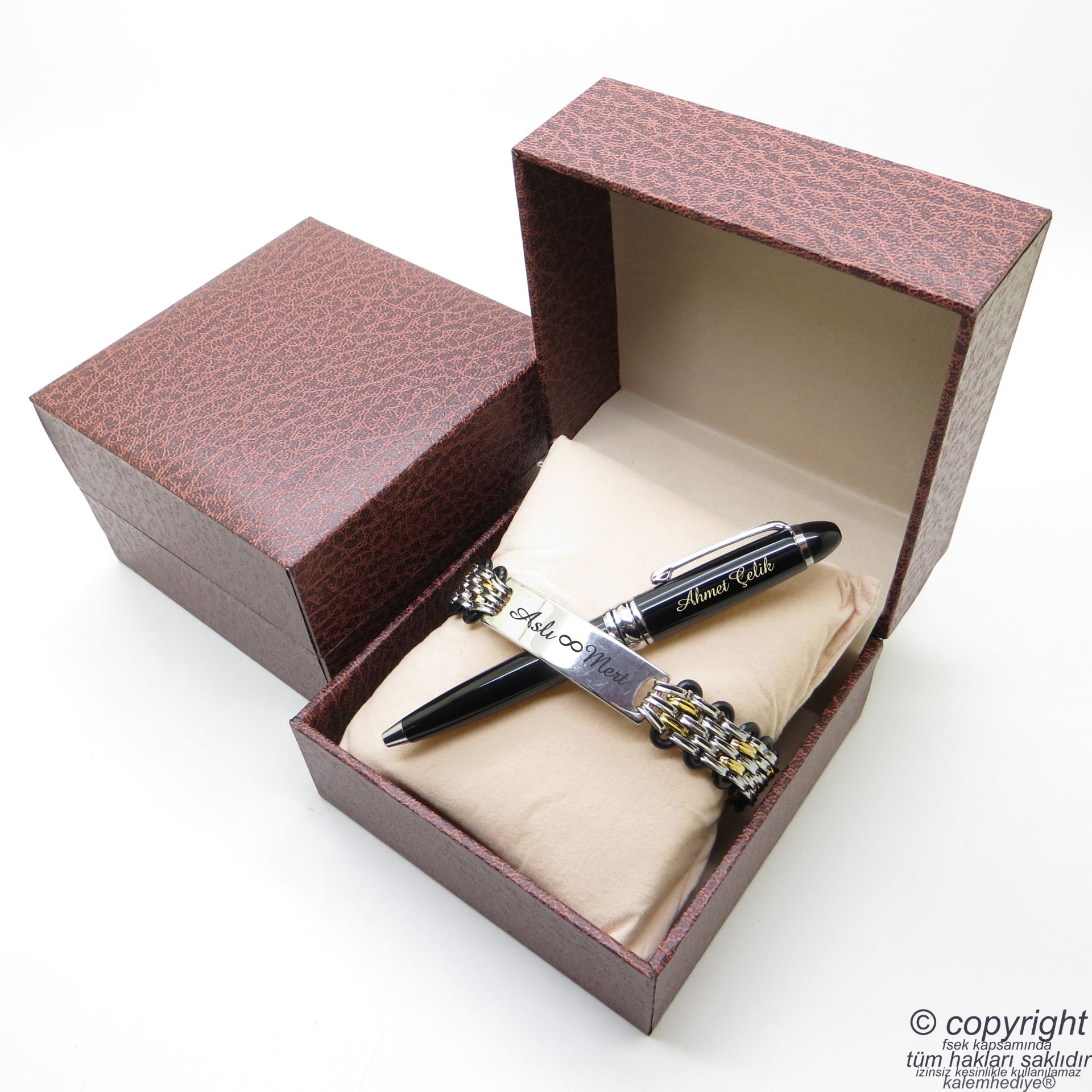 Kişiye Özel Gold Krom Metal Unisex Bileklik + İsme Özel Mini Cep Kalemi - Hediyelik Kutulu Set