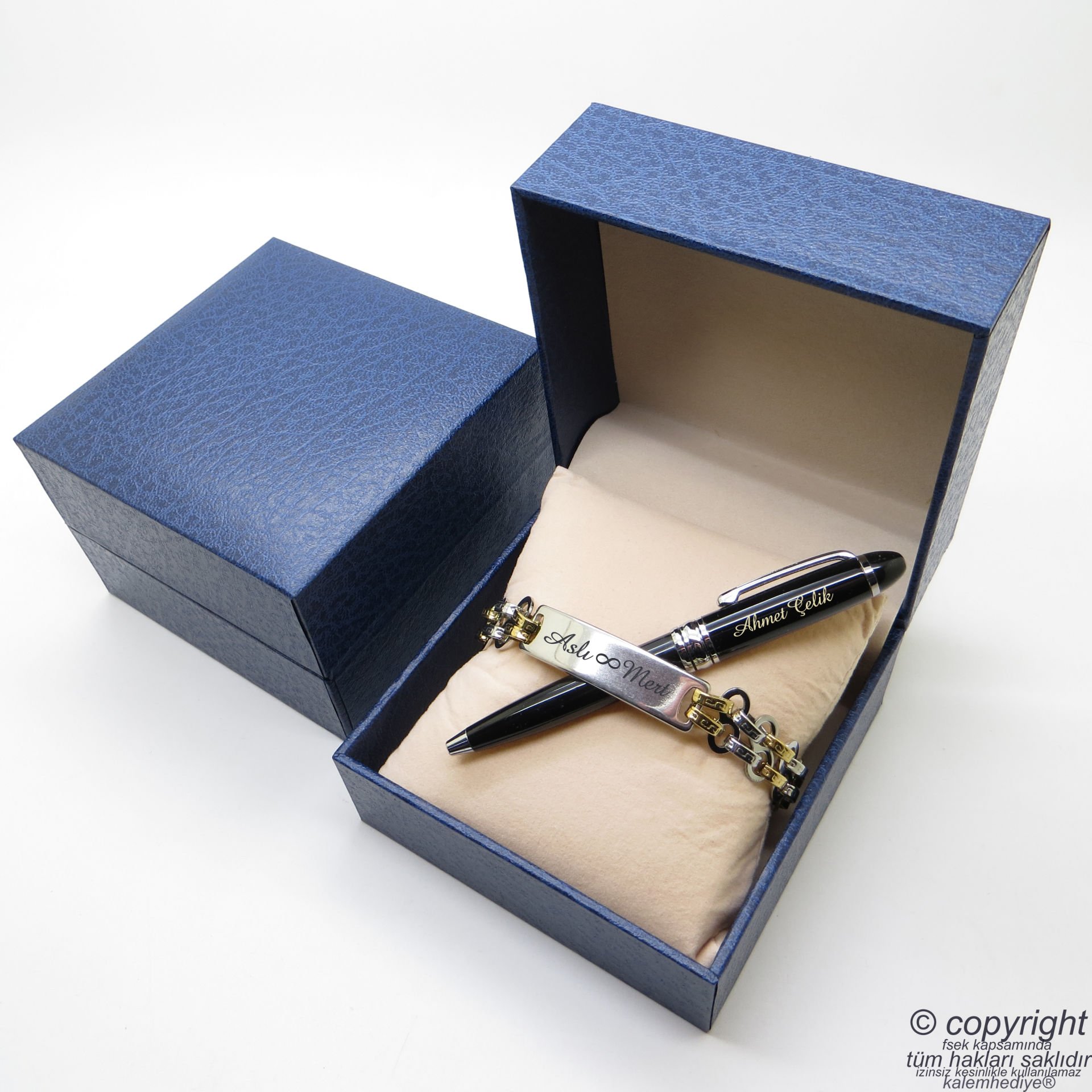 Kişiye Özel Gold Chrome Metal Unisex Bileklik + İsme Özel Mini Cep Kalemi - Hediyelik Kutulu Set