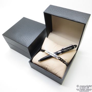 Kişiye Özel Gun Metal Krom Unisex Bileklik + İsme Özel Mini Cep Kalemi - Hediyelik Kutulu Set