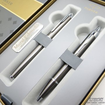 Parker Im Metal Kurşuni Roller Kalem + Tükenmez Kalem Set | İsme Özel Kalem | Hediyelik Kalem