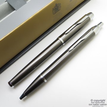 Parker Im Metal Kurşuni Roller Kalem + Tükenmez Kalem Set | İsme Özel Kalem | Hediyelik Kalem