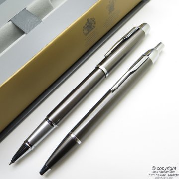 Parker Im Metal Kurşuni Roller Kalem + Tükenmez Kalem Set | İsme Özel Kalem | Hediyelik Kalem