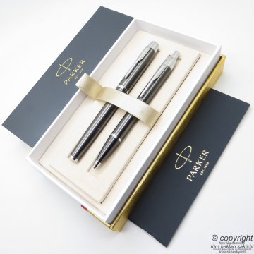 Parker Im Metal Kurşuni Roller Kalem + Tükenmez Kalem Set | İsme Özel Kalem | Hediyelik Kalem