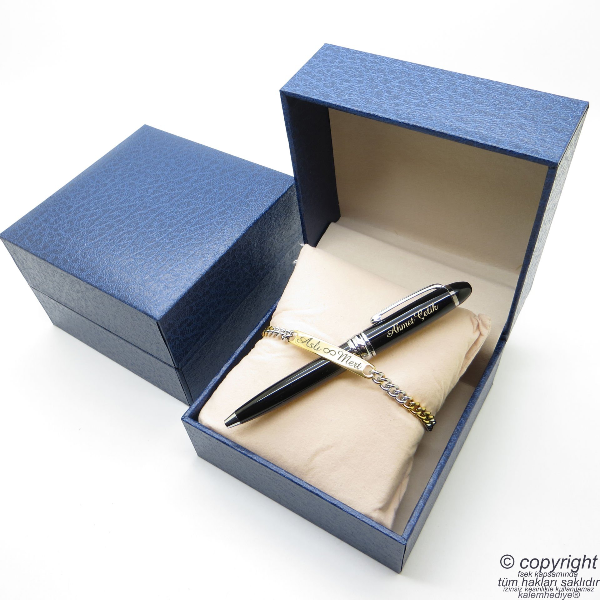 Kişiye Özel Gold Krom Metal Unisex Bileklik + İsme Özel Mini Cep Kalemi - Hediyelik Kutulu Set
