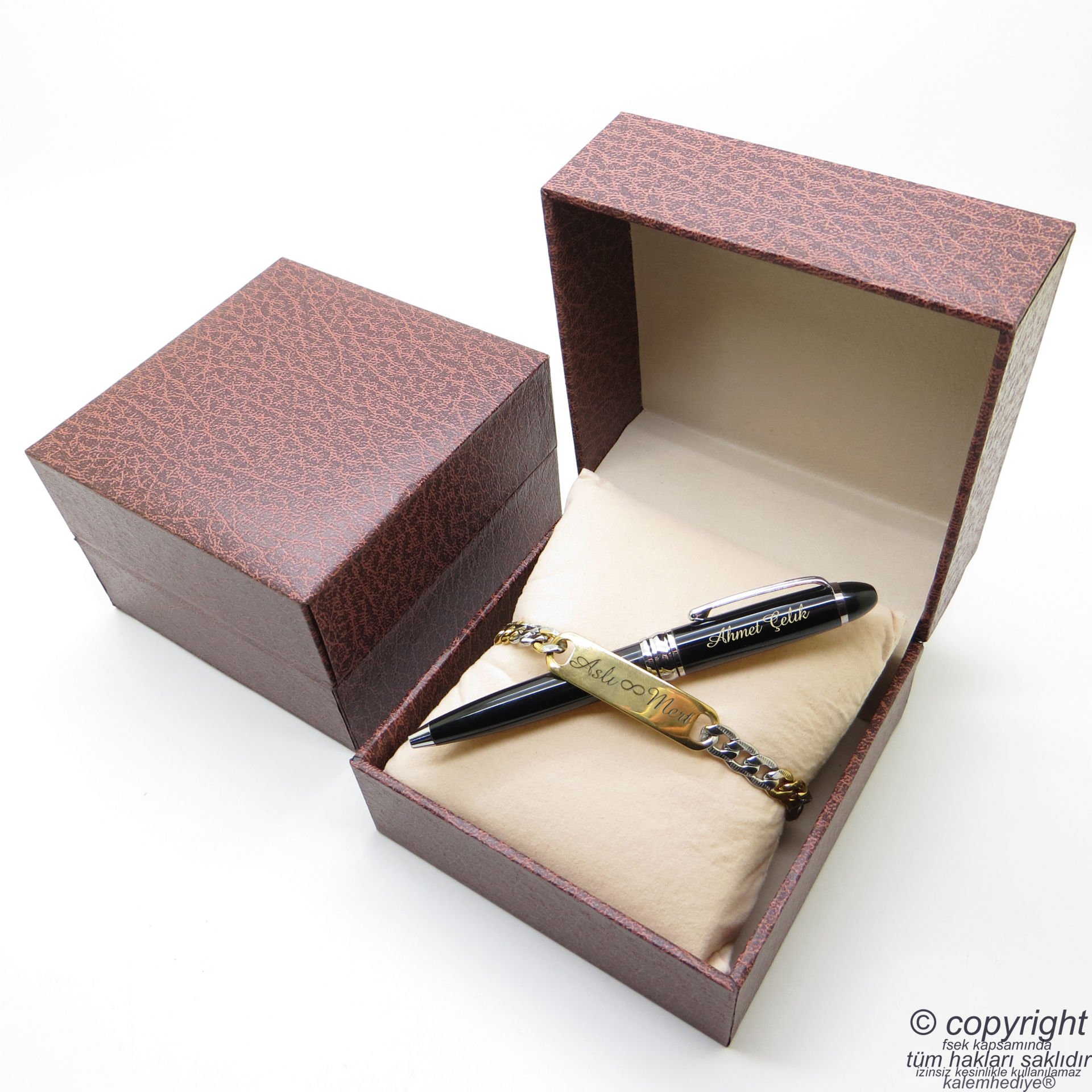 Kişiye Özel Gold Krom Metal Unisex Bileklik + İsme Özel Mini Cep Kalemi - Hediyelik Kutulu Set
