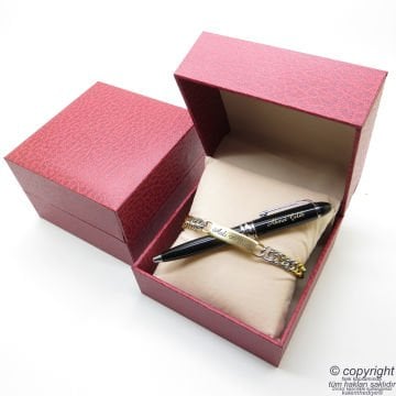 Kişiye Özel Gold Krom Metal Unisex Bileklik + İsme Özel Mini Cep Kalemi - Hediyelik Kutulu Set