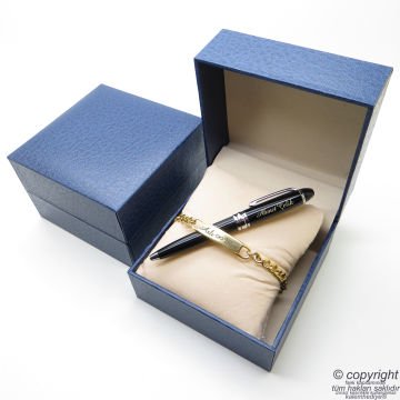Kişiye Özel Gold Metal Unisex Bileklik + İsme Özel Mini Cep Kalemi - Hediyelik Kutulu Set