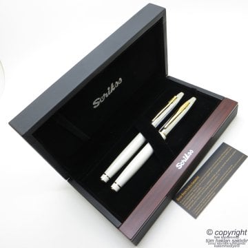 Scrikss Special İsme Özel Krom Beyaz Altın Ahşap Kutulu Dolma Kalem + Roller Kalem Set