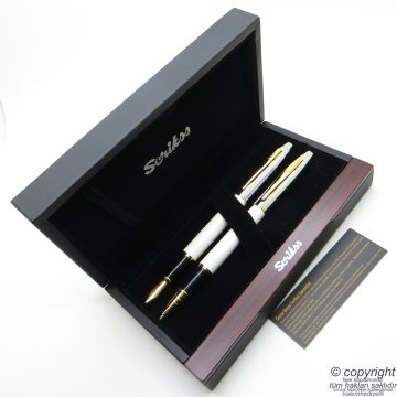 Scrikss Special İsme Özel Krom Beyaz Altın Ahşap Kutulu Dolma Kalem + Roller Kalem Set