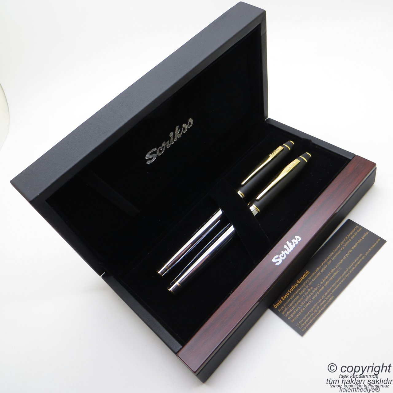 Scrikss Special İsme Özel Mat Siyah Gold Krom Ahşap Kutulu Dolma Kalem + Roller Kalem Set