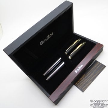 Scrikss Special İsme Özel Mat Siyah Gold Krom Ahşap Kutulu Dolma Kalem + Roller Kalem Set