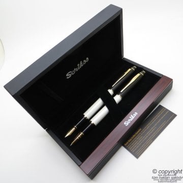 Scrikss Special İsme Özel Beyaz Altın Mat Siyah Ahşap Kutulu Dolma Kalem + Roller Kalem Set
