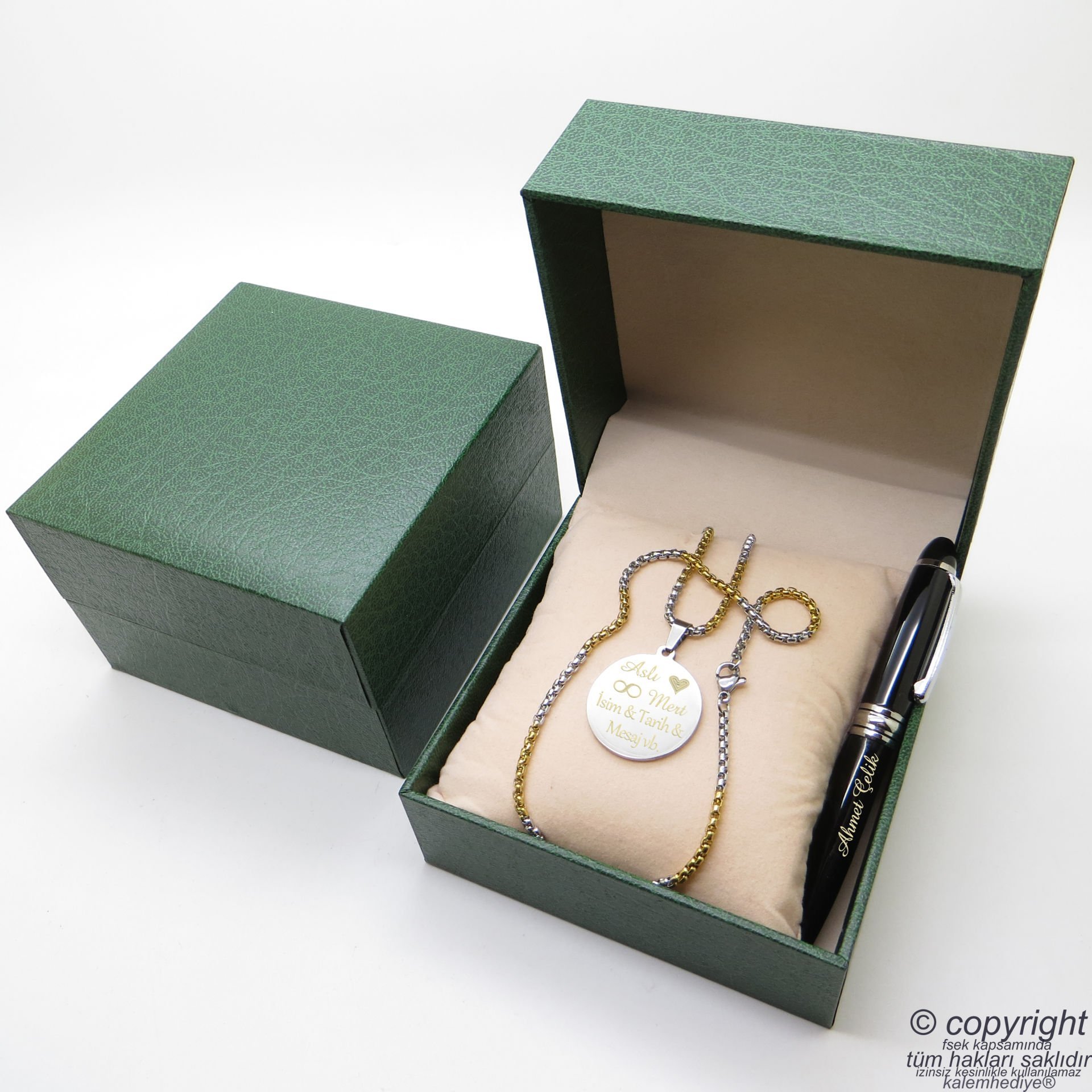 Kişiye Özel Krom Kolye + İsme Özel Mini Cep Kalemi - Hediyelik Kutulu Set