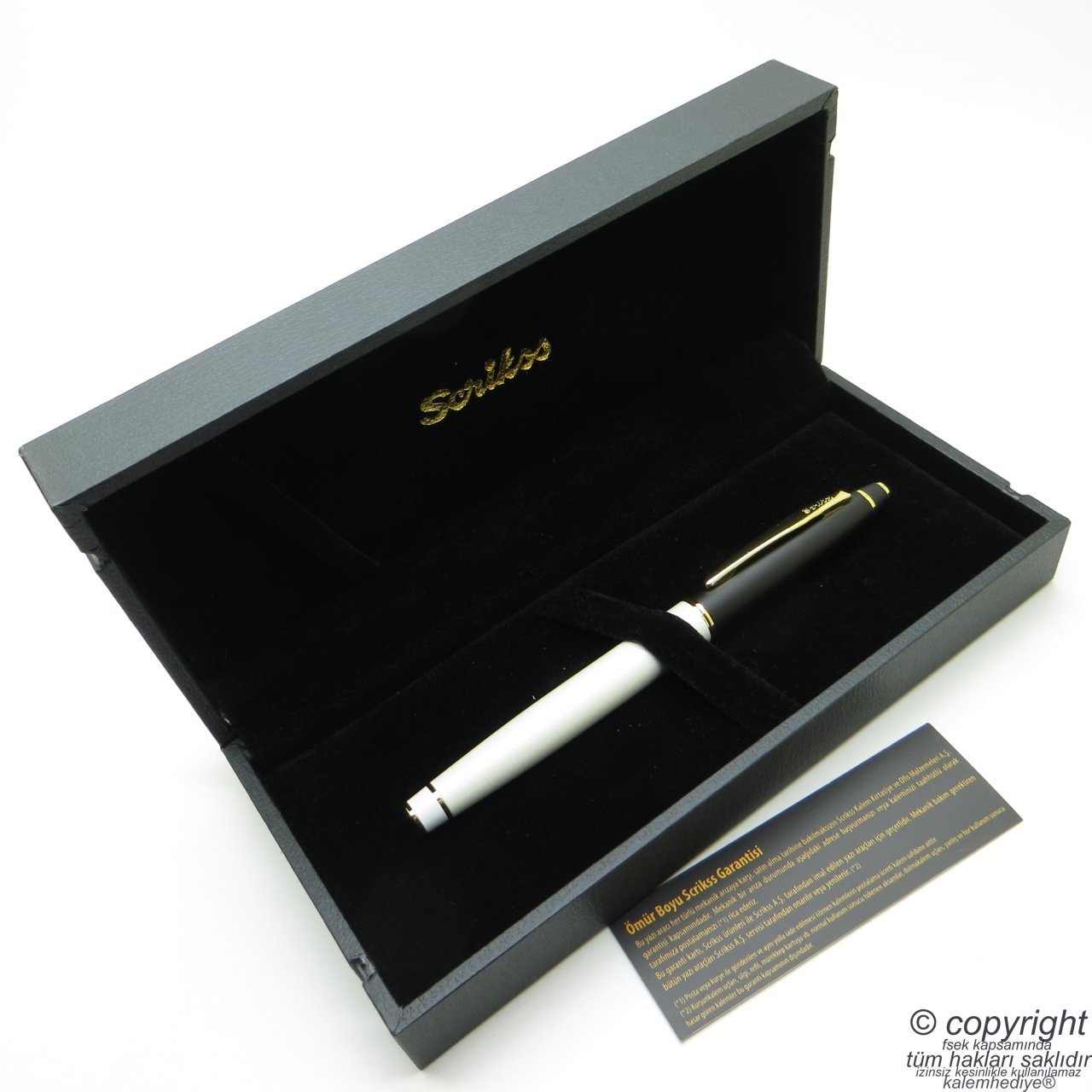 Scrikss Special İsme Özel Beyaz Mat Siyah Altın Ahşap Kutulu Roller Kalem Set