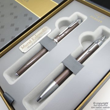 Parker IM Premium Desenli Metal Çikolata CT Roller Kalem + Tükenmez Kalem | İsme Özel Kalem | Hediyelik Kalem