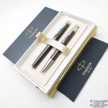 Parker IM Premium Desenli Metal Çikolata CT Roller Kalem + Tükenmez Kalem | İsme Özel Kalem | Hediyelik Kalem