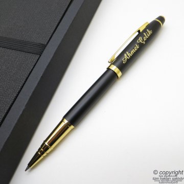 B.Houston SG179 Mat Siyah Altın Roller Kalem + İsme Özel Defter Kutulu Set | Hepsi İsme Özel