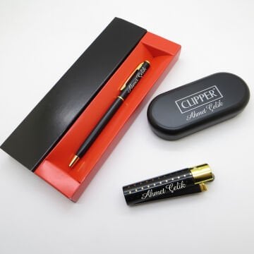 Clipper® Desenli Siyah Altın Kişiye Özel Çakmak ve Kalem Seti | Hediyelik Çakmak