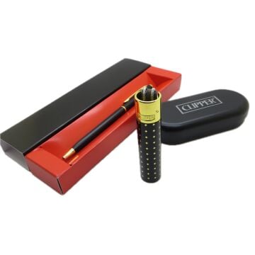 Clipper® Desenli Siyah Altın Kişiye Özel Çakmak ve Kalem Seti | Hediyelik Çakmak