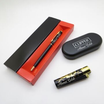Clipper® Desenli Siyah Altın Kişiye Özel Çakmak ve Kalem Seti | Hediyelik Çakmak