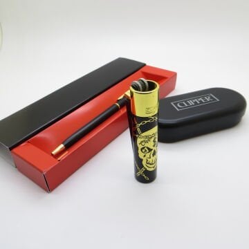 Clipper® Desenli Siyah Altın Kişiye Özel Çakmak ve Kalem Seti | Hediyelik Çakmak
