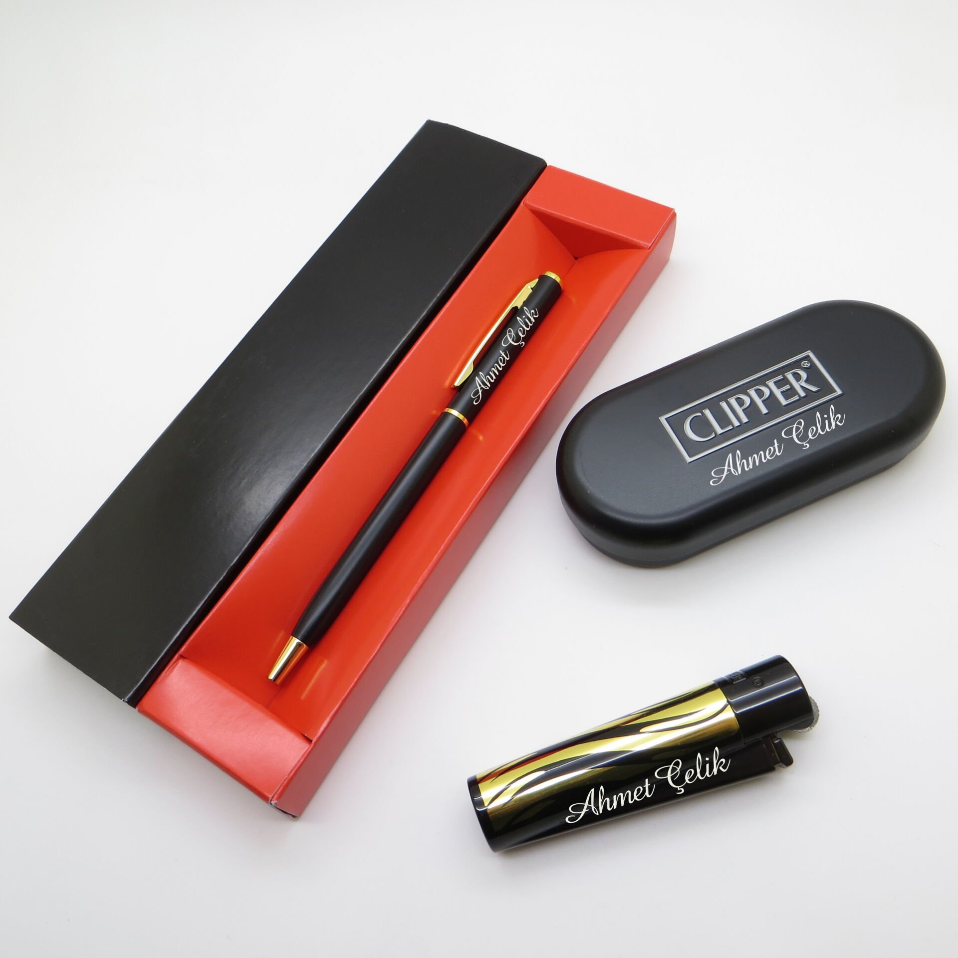 Clipper® Desenli Siyah Altın Kişiye Özel Çakmak ve Kalem Seti | Hediyelik Çakmak