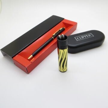 Clipper® Desenli Siyah Altın Kişiye Özel Çakmak ve Kalem Seti | Hediyelik Çakmak
