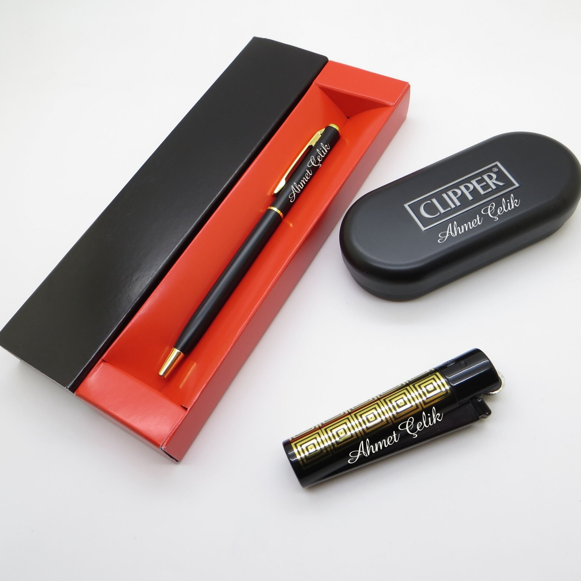 Clipper® Desenli Siyah Altın Kişiye Özel Çakmak ve Kalem Seti | Hediyelik Çakmak