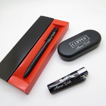 Clipper® Desenli Siyah Krom Kişiye Özel Çakmak ve Kalem Seti | Hediyelik Çakmak