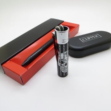 Clipper® Desenli Siyah Krom Kişiye Özel Çakmak ve Kalem Seti | Hediyelik Çakmak