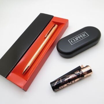 Clipper® Desenli Siyah Rose Gold Kişiye Özel Çakmak ve Kalem Seti | Hediyelik Çakmak