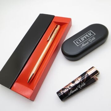 Clipper® Desenli Siyah Rose Gold Kişiye Özel Çakmak ve Kalem Seti | Hediyelik Çakmak